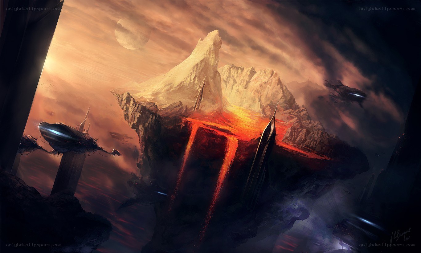 flying ships over volcanic planet