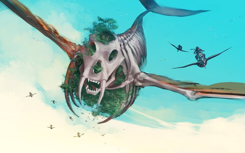 Flying skeleton whale with riders