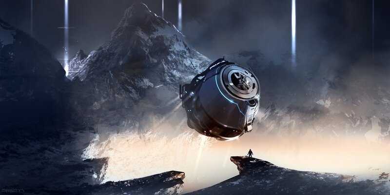 Flying Spacecraft — Gray, Dramatic, Night
