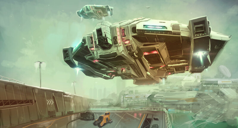Flying Spacecraft — Green, Dramatic, Digital Art, City