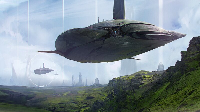Flying Spacecraft — Green, Dramatic, Digital Art
