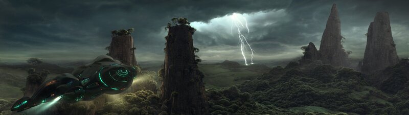 Flying Spacecraft over Landscape