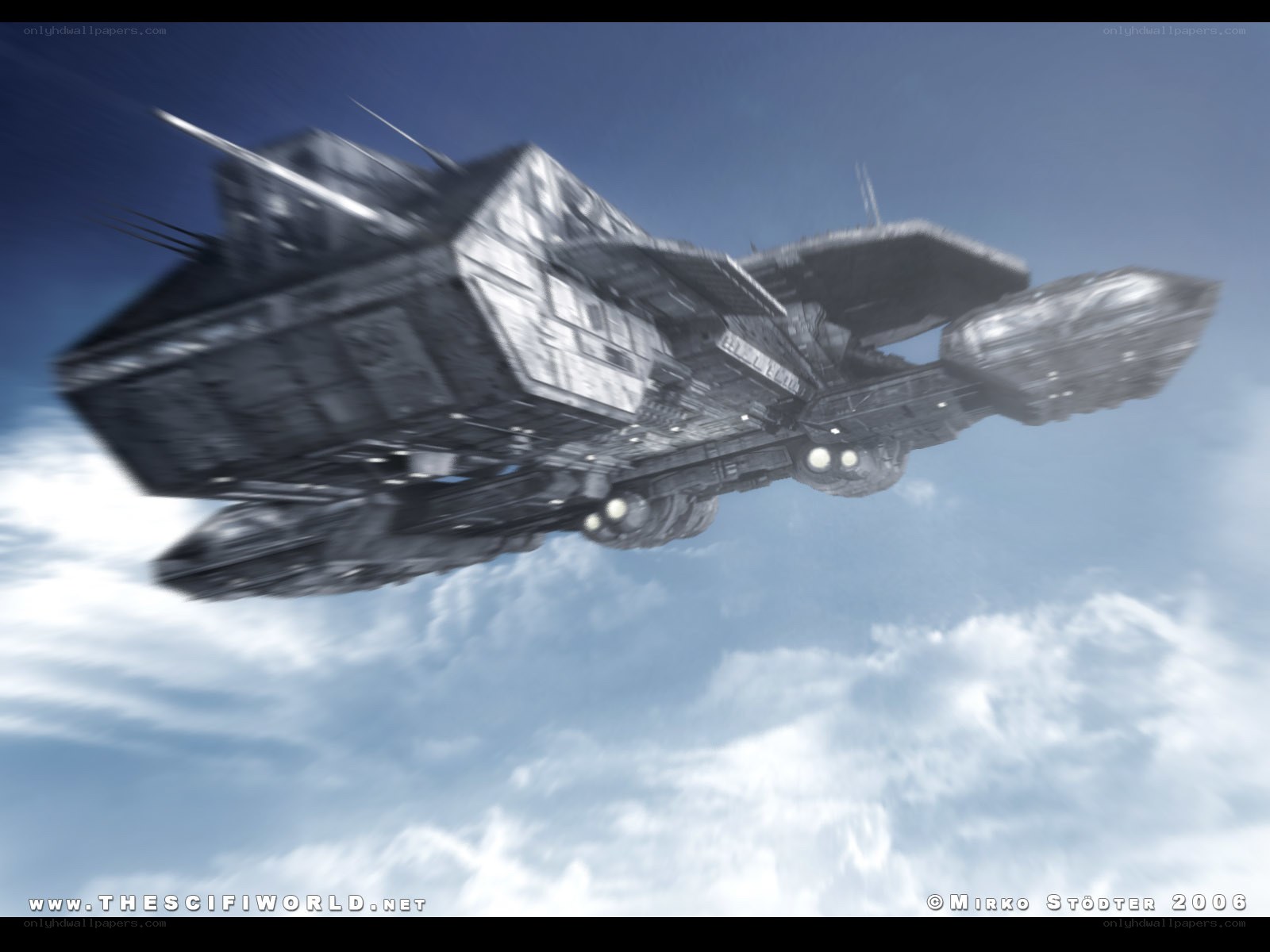 flying spaceship in sky