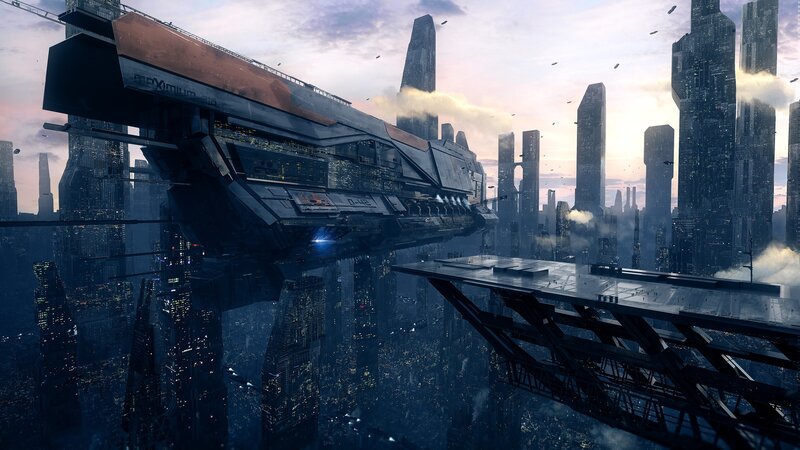 Flying Spaceship over City — Blue, Dramatic
