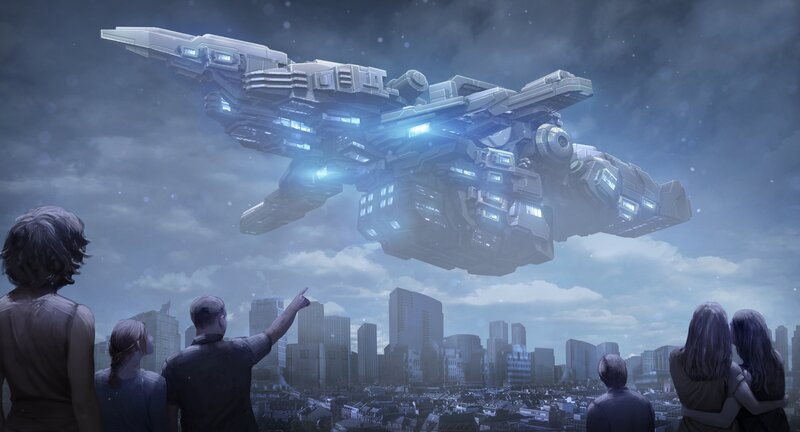 Flying Spaceship over City — Blue
