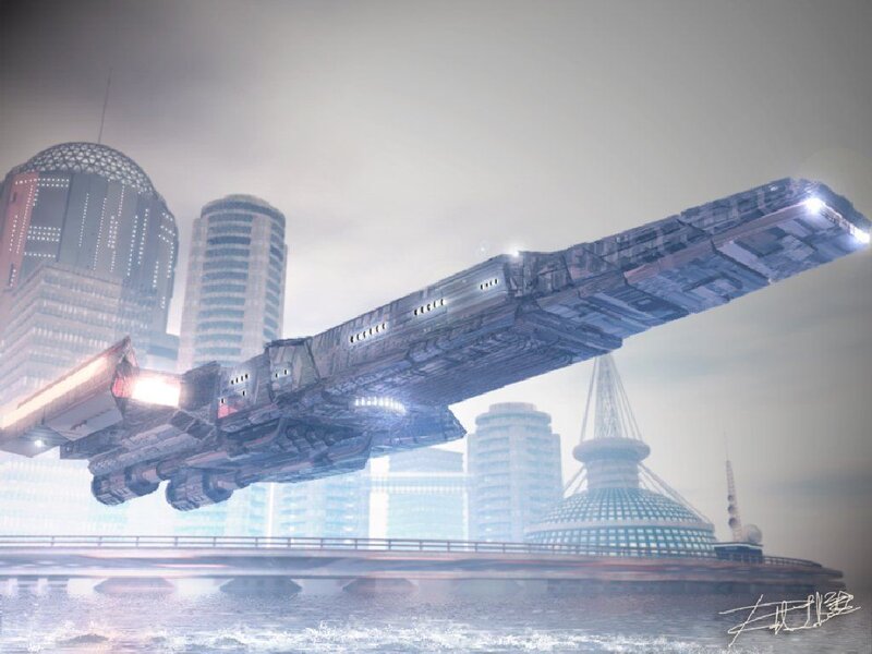 Flying Spaceship over City