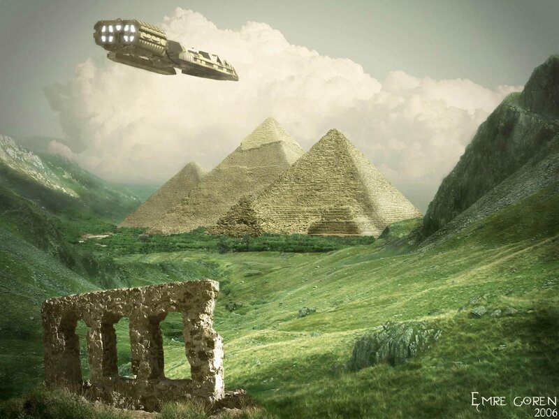 Flying Spaceship over Pyramids