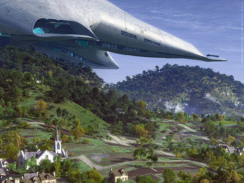 Flying Spaceship over Village