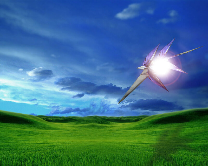 flying starship over green hills