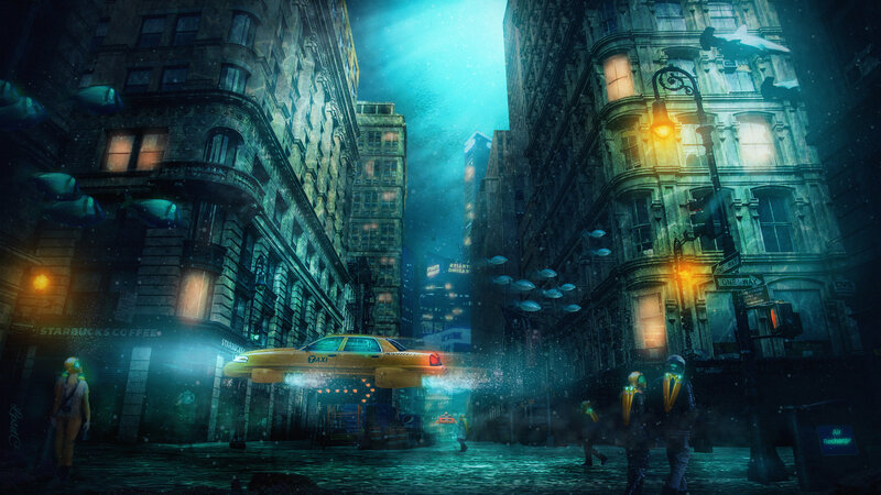 Flying Taxi in Flooded City