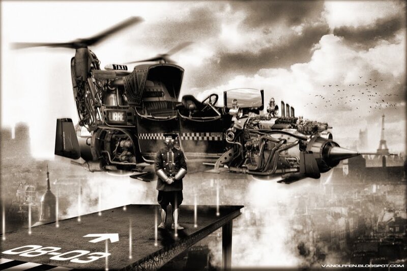 flying taxi in steampunk city