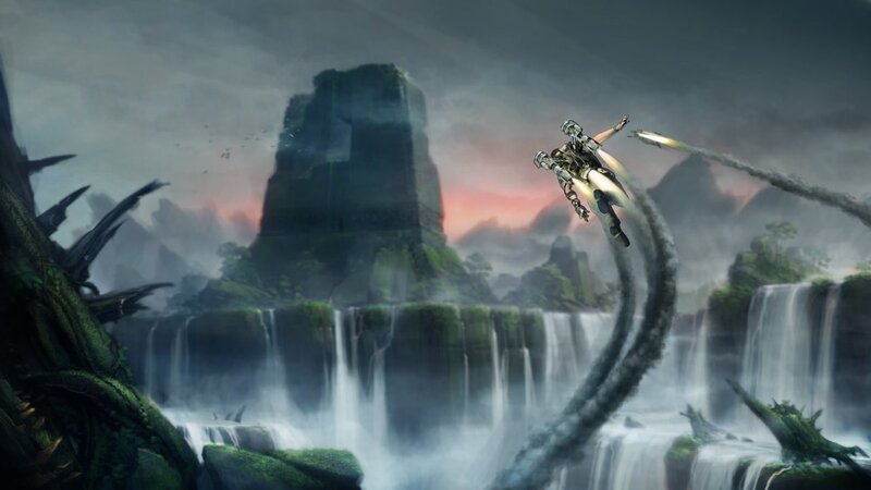 flying through a waterfall canyon
