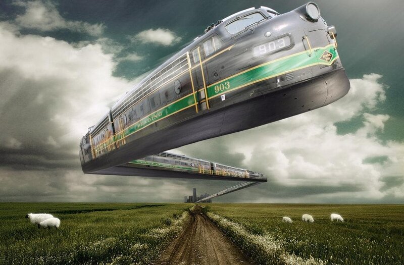 Flying train over a field
