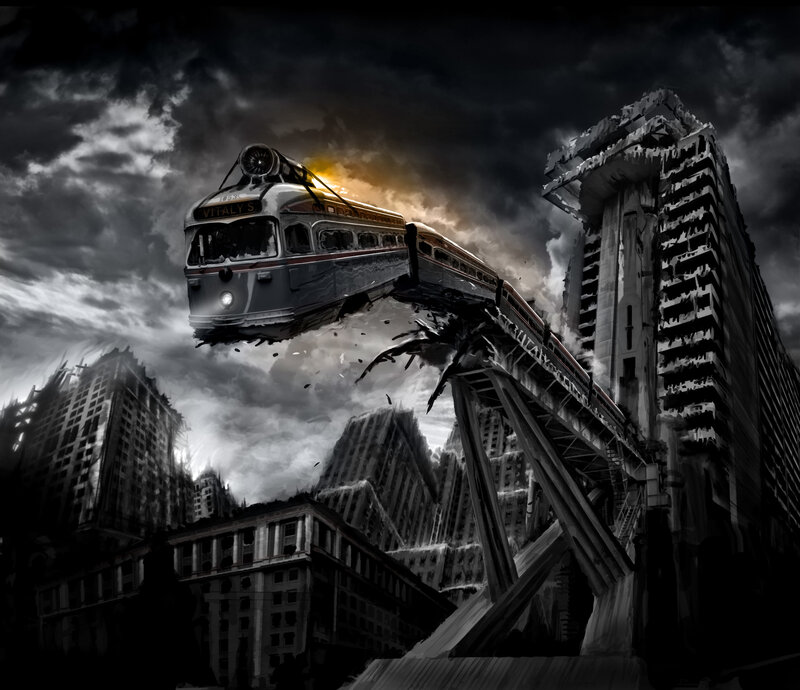 Flying train over ruined city