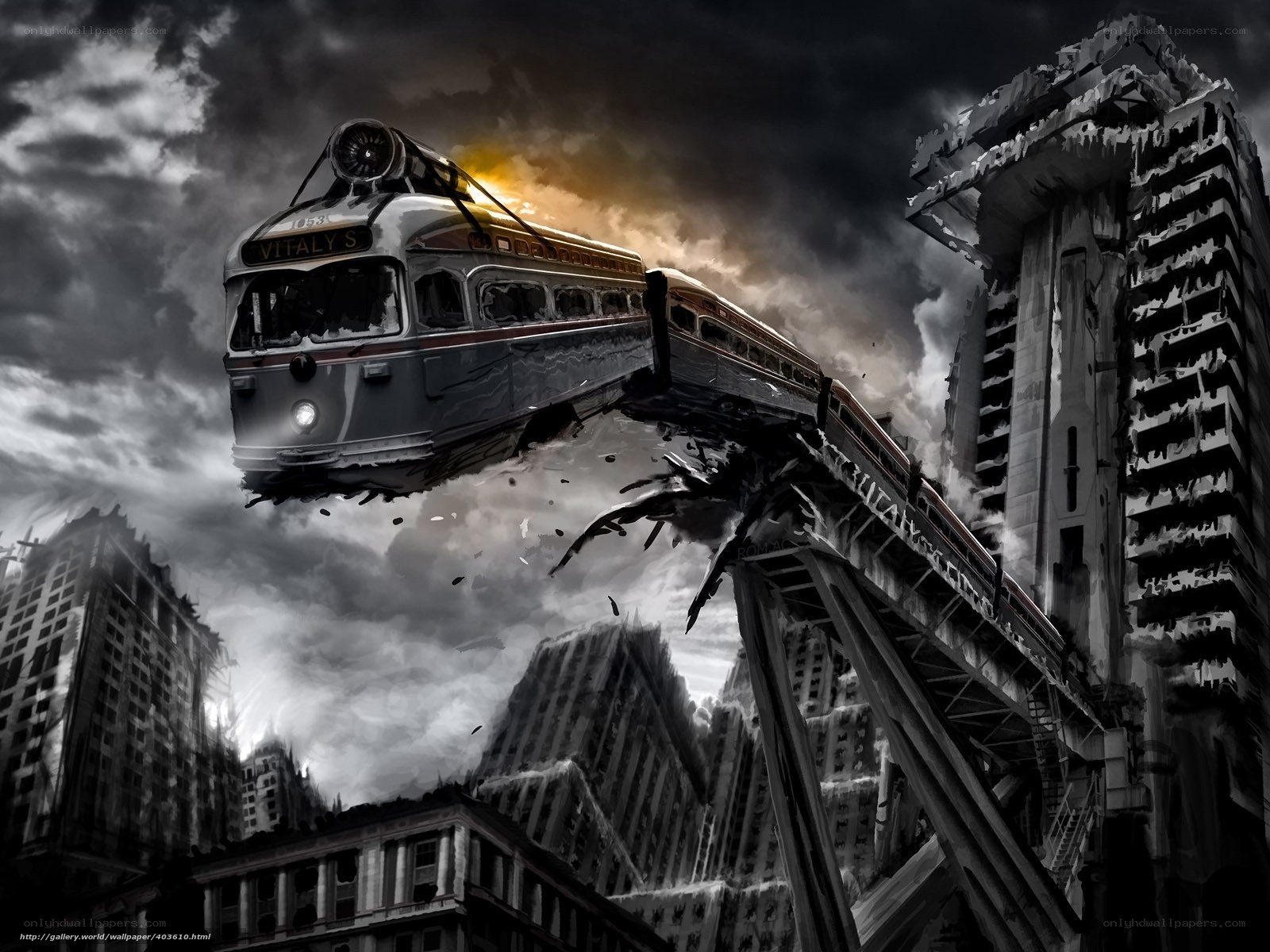 Flying train over ruined city