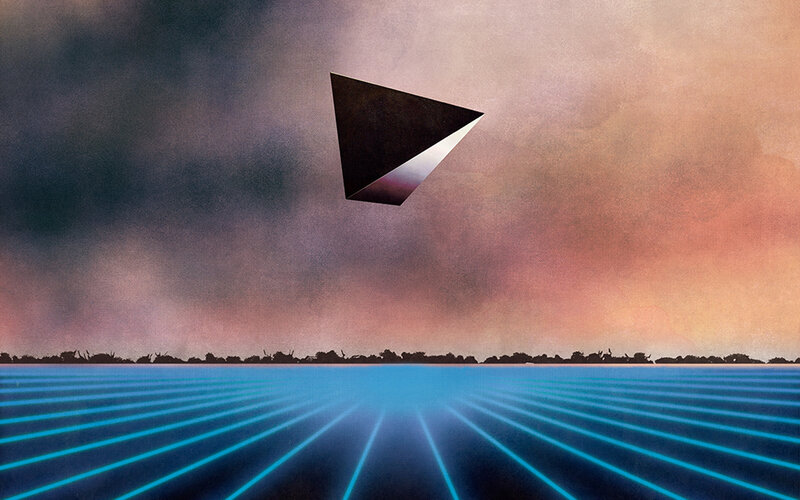 flying triangle over blue grid