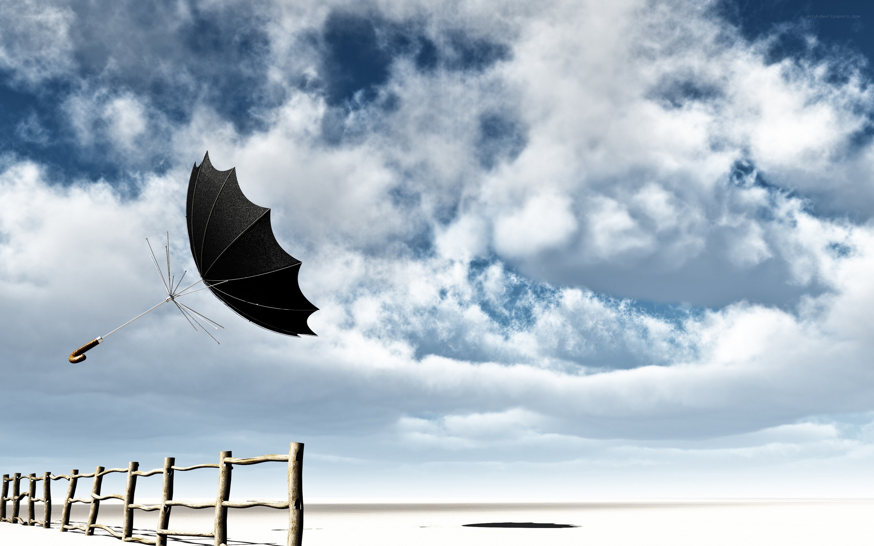 Flying umbrella in cloudy sky