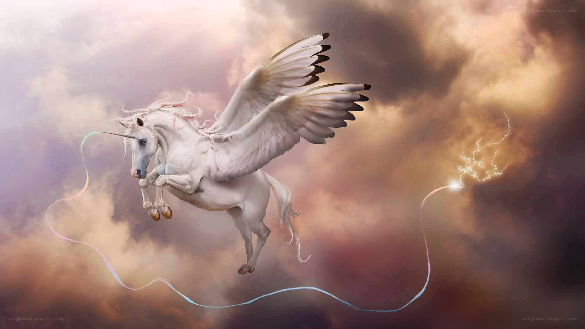 flying unicorn in stormy sky
