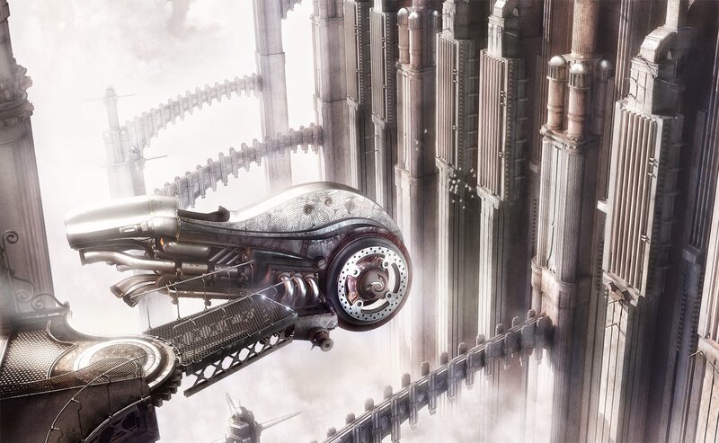 flying vehicle in a steampunk city
