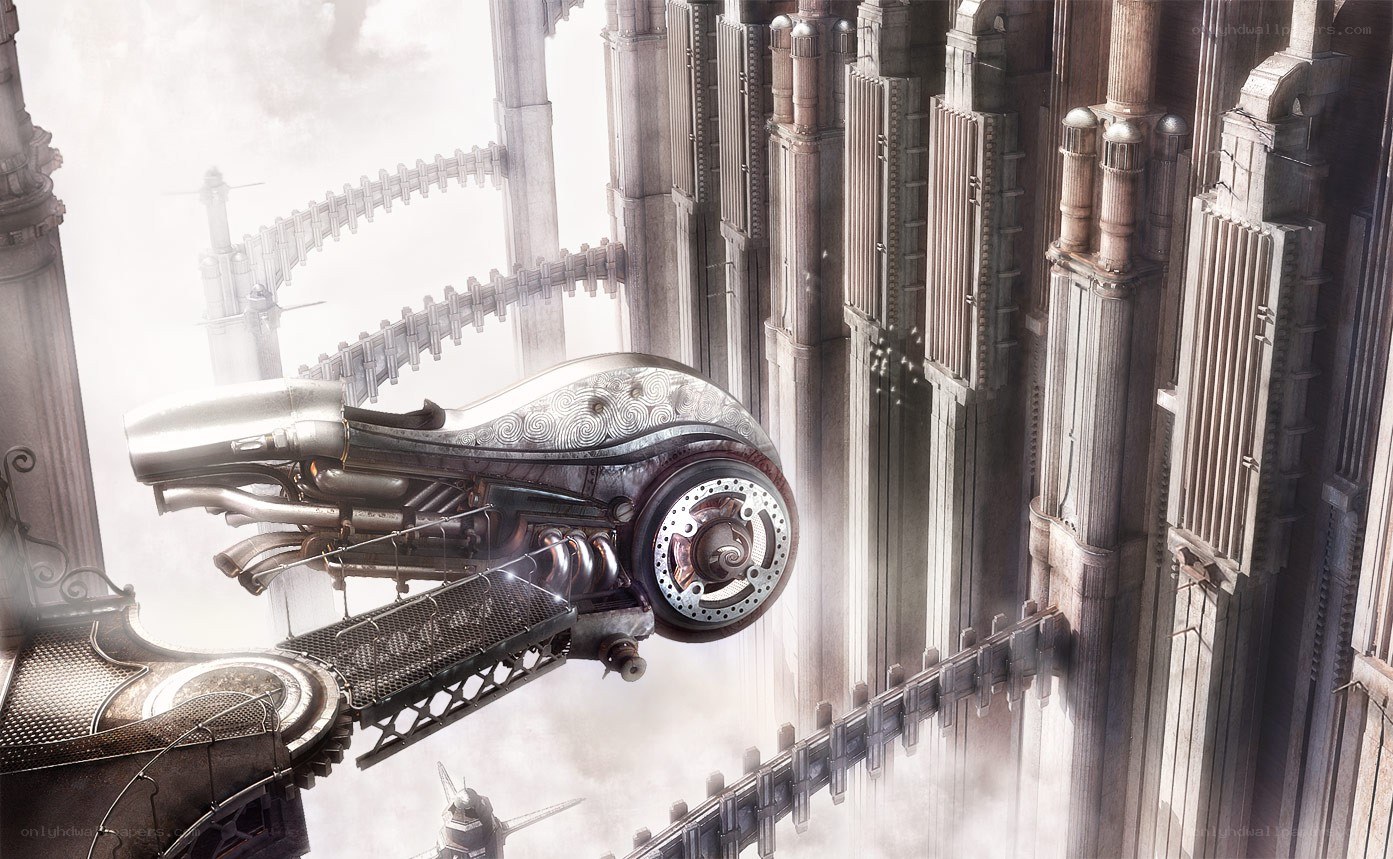 flying vehicle in a steampunk city