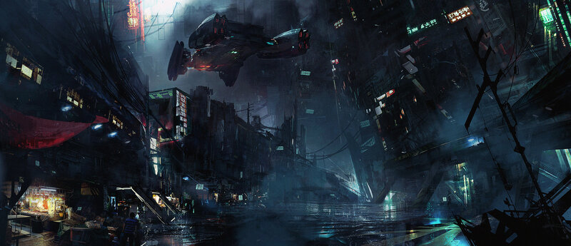 Flying Vehicle in City — Black, Dramatic