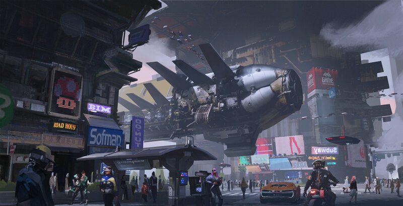 Flying Vehicle in City — Gray, Dramatic, Night