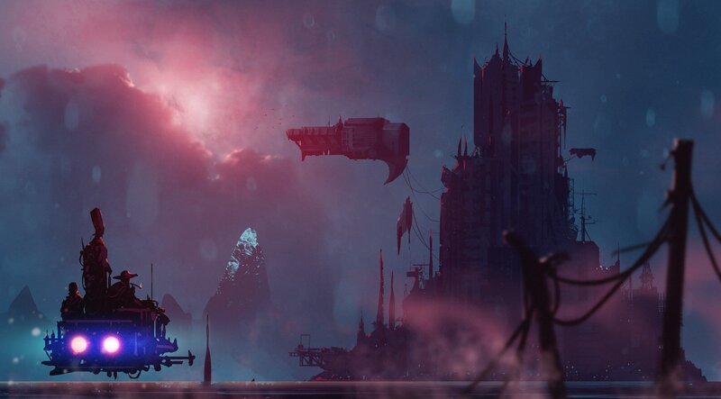 Flying Vehicle in City — Purple