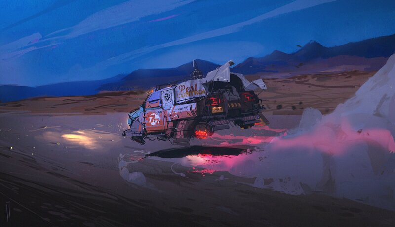 Flying Vehicle in Desert — Blue, Dramatic, Night