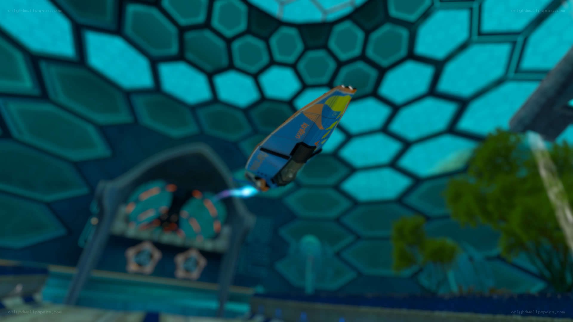 flying vehicle in futuristic structure