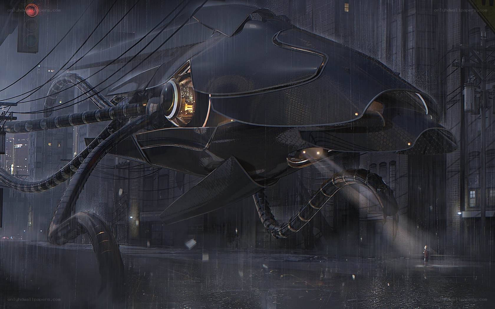 flying vehicle in rainy city