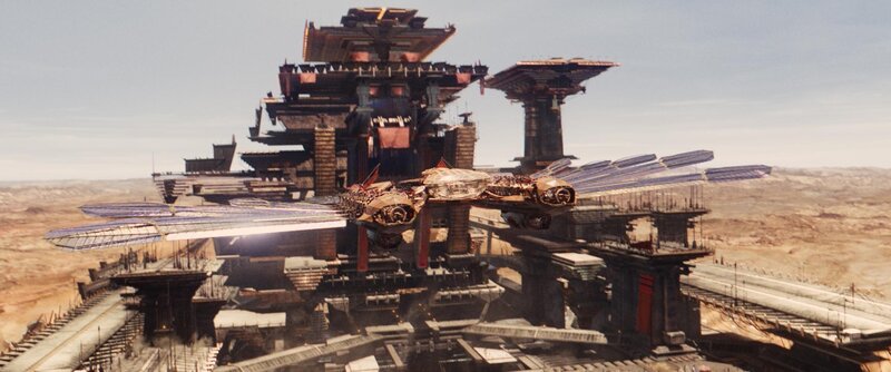 flying vehicle near ancient structure