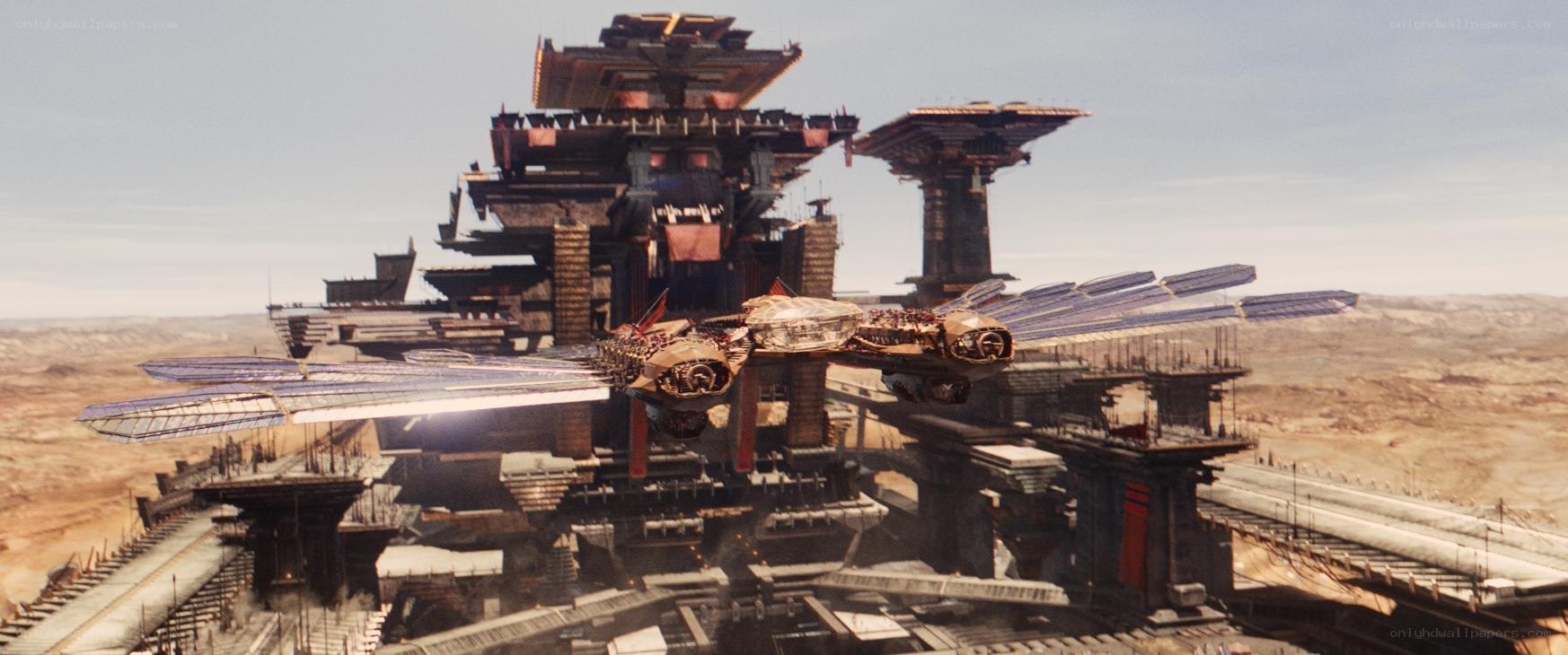 flying vehicle near ancient structure