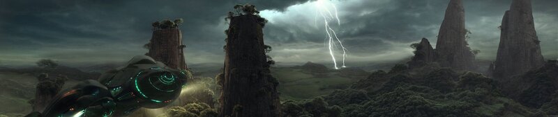 Flying Vehicle over Alien Landscape — Green
