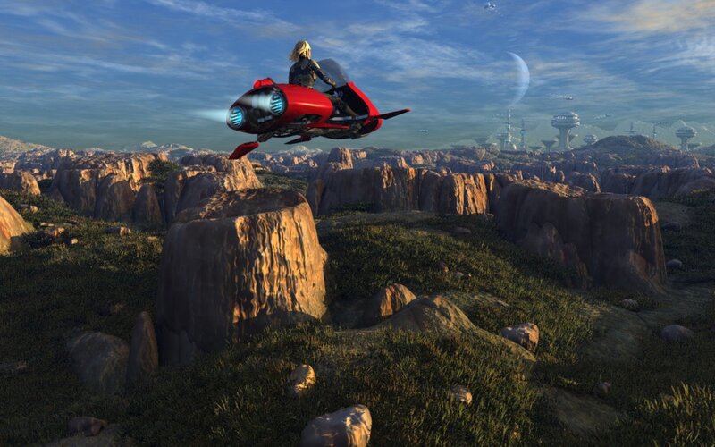 flying vehicle over alien landscape