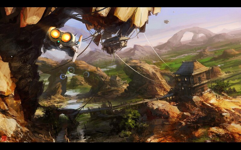 flying vehicle over canyon village