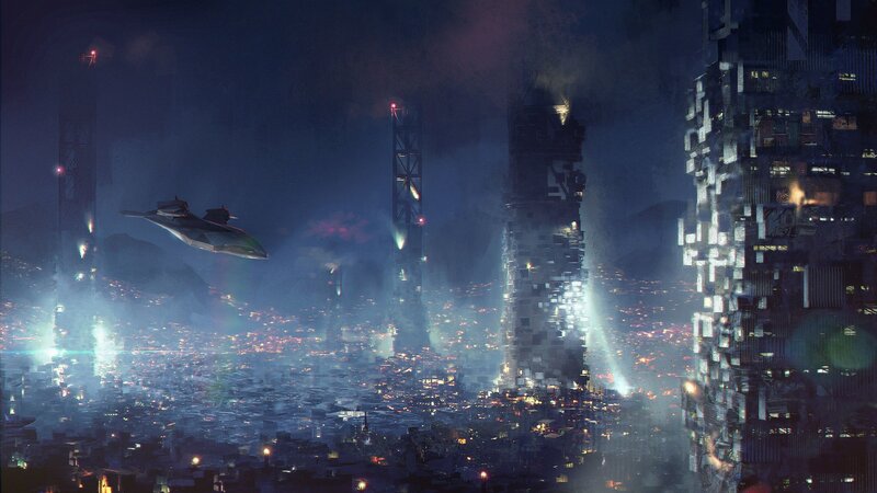 Flying Vehicle over City — Blue, Dramatic, Night, Digital Art