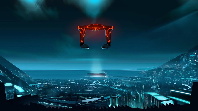 Flying Vehicle over City — Blue, Dramatic, Night