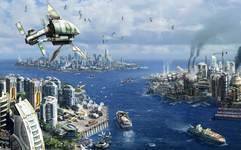 Flying Vehicle over City — Blue, Dramatic