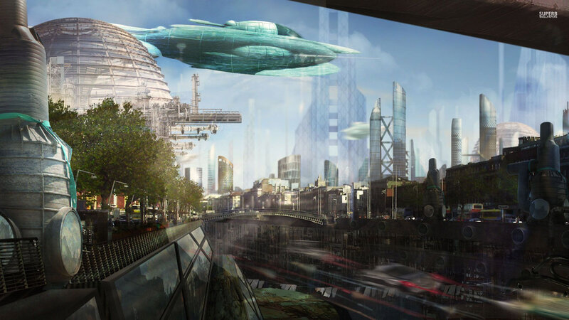 Flying Vehicle over City — Blue, Dystopian
