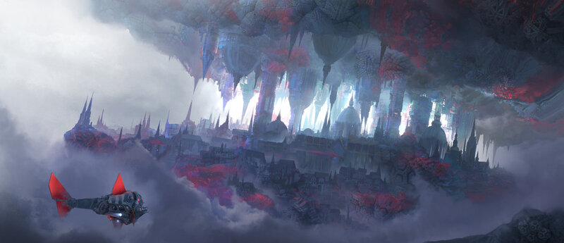Flying Vehicle over City — Gray, Dramatic