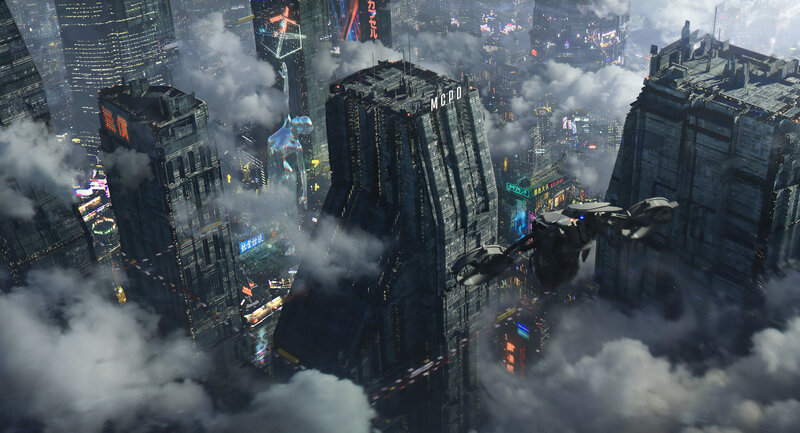 Flying Vehicle over City — Gray