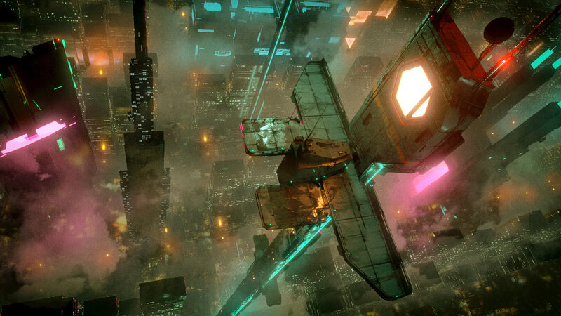 Flying Vehicle over City — Green