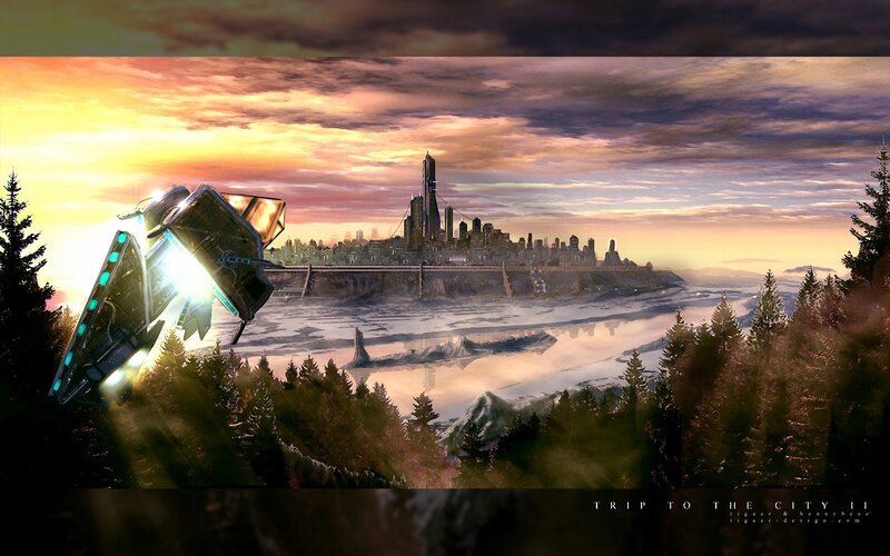 Flying Vehicle over City — Orange