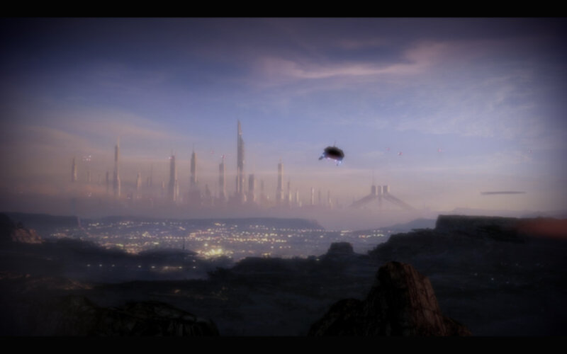 Flying Vehicle over City — Purple