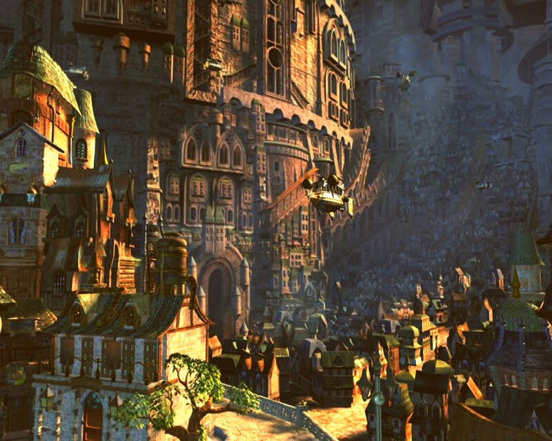 flying vehicle over fantasy city