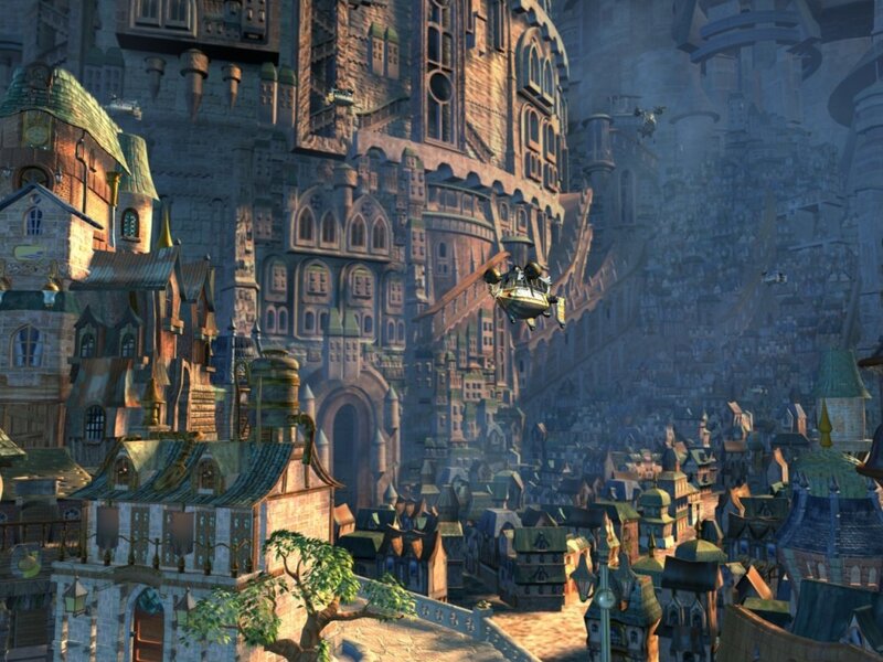 flying vehicle over fantasy city