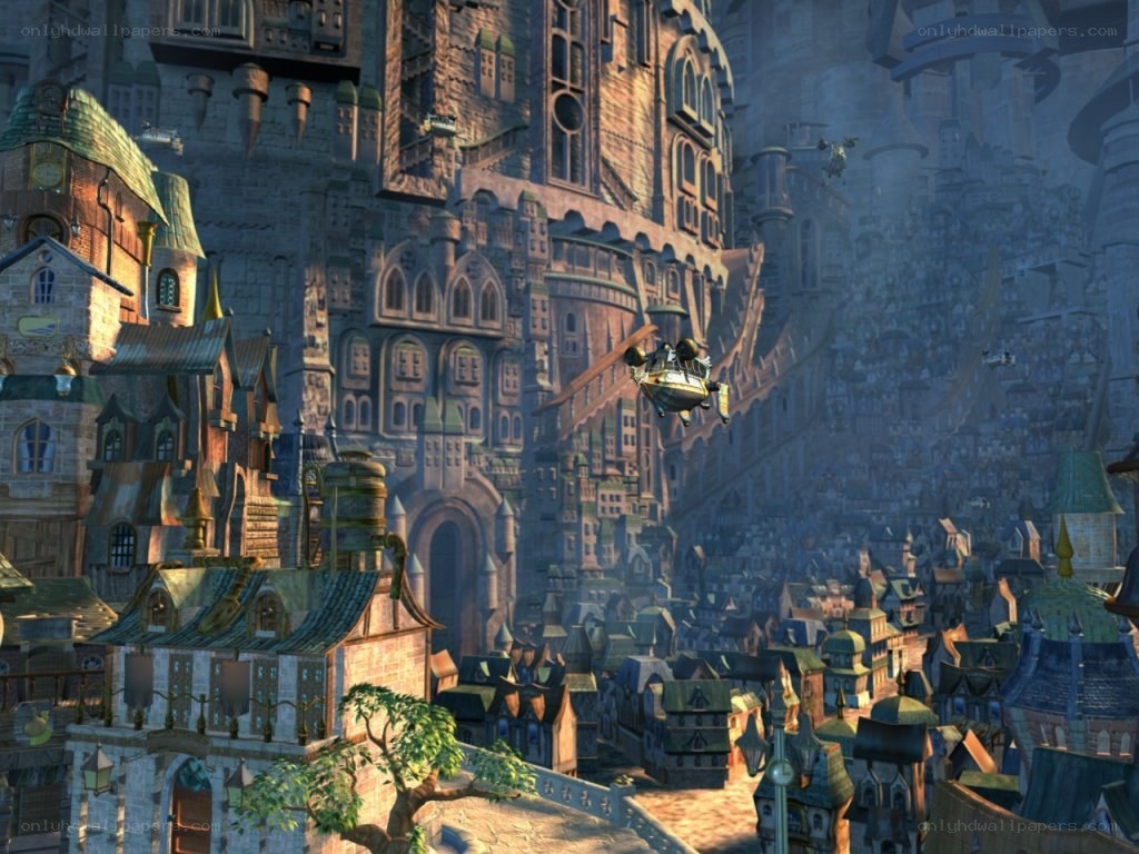 flying vehicle over fantasy city