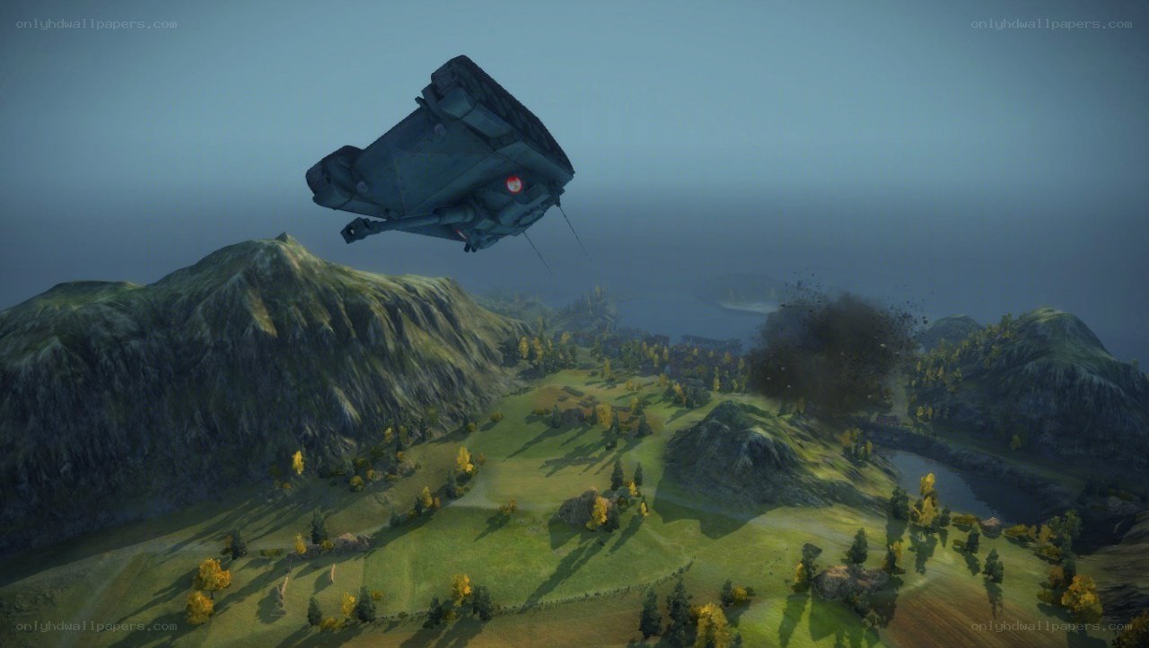 Flying vehicle over mountainous terrain