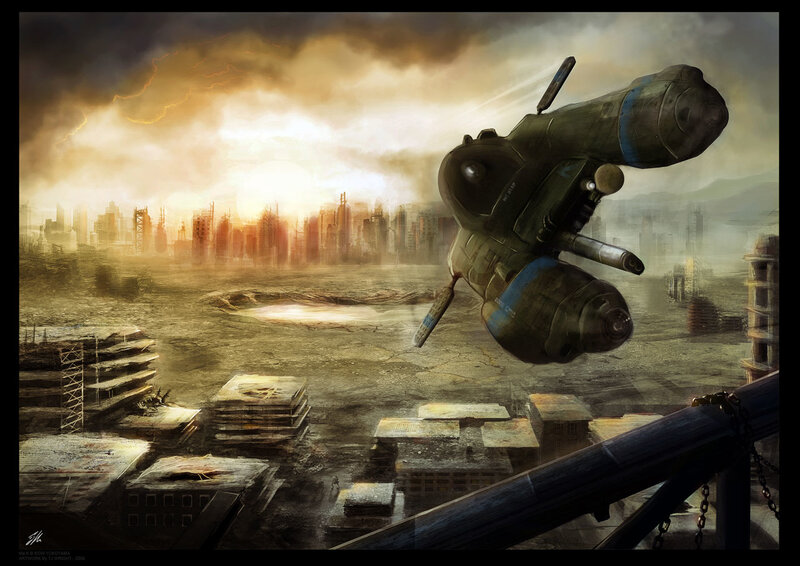 flying vehicle over ruined city