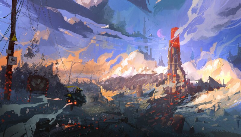 Flying Vehicle over Ruins — Blue